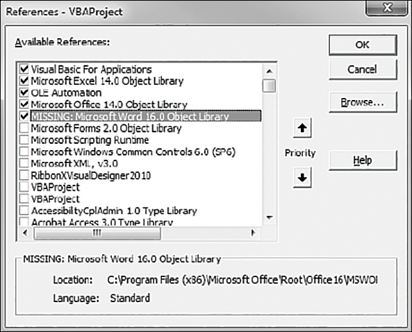 The figure shows the References dialog box. The Microsoft Word 16.0 Object Library is marked as missing.