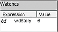 The figure shows a screenshot of the Watches window. The Word expression shown is wdStory, and it has a value of 6.