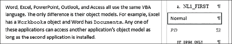 The figure shows a screenshot of a paragraph in a Word document. The Styles pane is open, and the Normal style is selected.