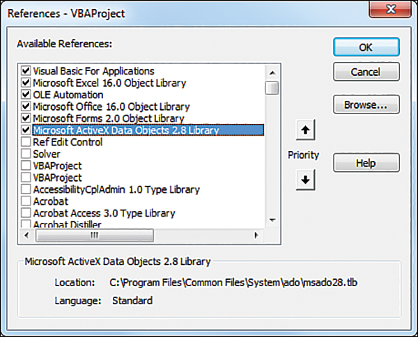 This figure shows the References - VBAProject dialog box. In addition to the default items, find the Microsoft ActiveX Data Objects 2.8 Library and select the check box to add the reference.