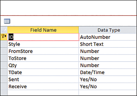 This figure shows the layout of a small table in Access. The fields include ID, Style, FromStore, ToStore, Qty, TDate, Sent, and Receive.