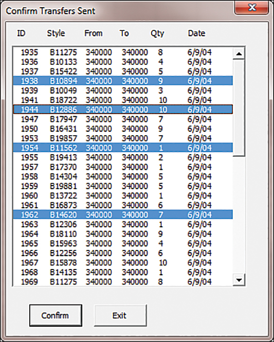 This figure shows a userform with all of the Transfer records. The MultiSelect property is enabled. Someone has chosen four records and is about to click the Confirm button.