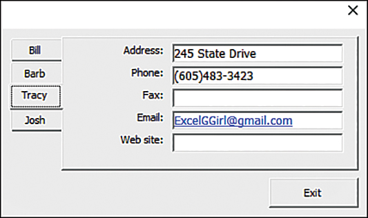 The figure shows a userform with a TabStrip control and a button. Each of the four pages of the TabStrip control is named for a person. The selected page has text boxes for collecting contact information specific to that person. The Exit button for closing the form is outside the TabStrip control.