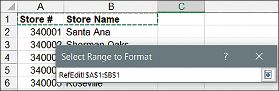 The figure shows the RefEdit control in selection mode on a sheet. The userform is not visible; instead, a small dialog box for the RefEdit control is visible. On the sheet, two cells are selected and the RefEdit field reflects the range's address.