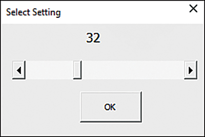 A userform with a horizontal ScrollBar control. Above the scrollbar is the number reflecting the relative position of the slider.