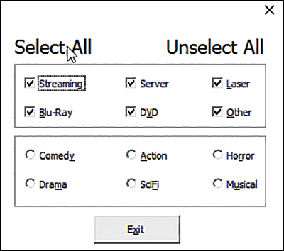 A userform with multiple check boxes in a frame. The pointer is over the Select All label and all the check boxes have been selected.