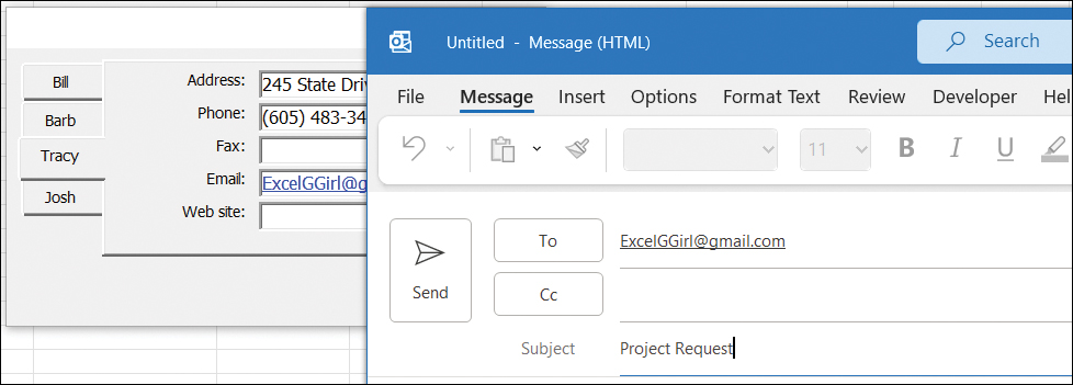 The figure shows a userform with an email address field. The email address is a hyperlink. When someone clicks the hyperlink, a new Outlook message opens, as shown in the image.