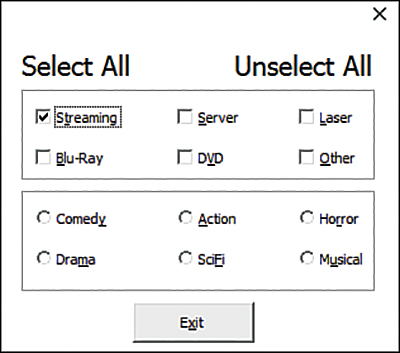 The figure shows a userform with check boxes with accelerator keys assigned. The Streaming check box label has the t underlined. The check box has been selected.