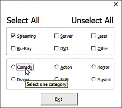 The figure shows a userform with several option buttons. The pointer is over the Comedy option button, and you can see tip text that says “Select one category.”