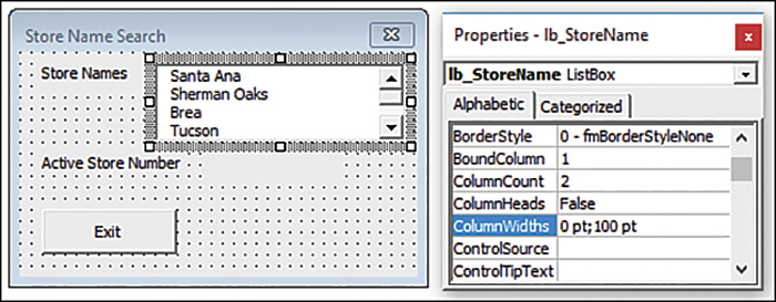 The figure shows a userform and the Properties window. The list box in the userform is selected. The Properties window reflects the properties of the list box.