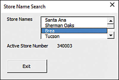 The figure shows a userform with the name of a store selected in a list box and the corresponding store number shown in the label below the list box.