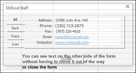 The figure shows a screenshot of a userform on top of a sheet. The cells behind the userform are visible through it.