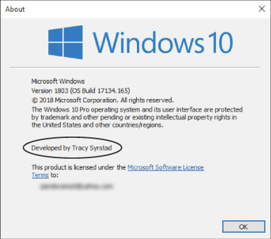 The figure shows an About Windows 10 dialog box that has been customized with the author's name.