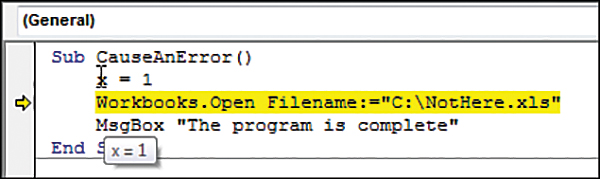 When viewing the code in Debug mode, an arrow appears to the left of the line with the error. Also while in Debug mode, hover the mouse pointer over any variable, and a tooltip will appear with that variable's current value. Alternatively, you could press Ctrl+G to open the Immediate pane. In the Immediate pane, type Debug.Print i and press Enter. The current value of the “i” variable will appear the same as it appears in the tooltip.