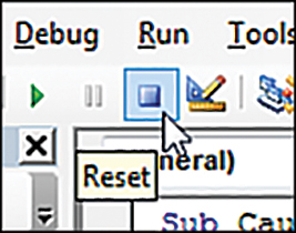 The figure shows a portion of the standard toolbar in VBA, which offers three icons called Play, Pause, and Reset. The Reset icon takes you out of Debug mode, and the code stops running.