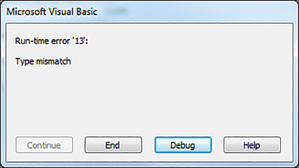 The dialog box shows Run-Time Error 13: Type mismatch. Click Debug and continue to Figure 24-6.