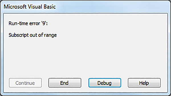 The figure shows the Microsoft Visual Basic dialog box, which is showing the Run-Time Error 9: Subscript Out Of Range error.