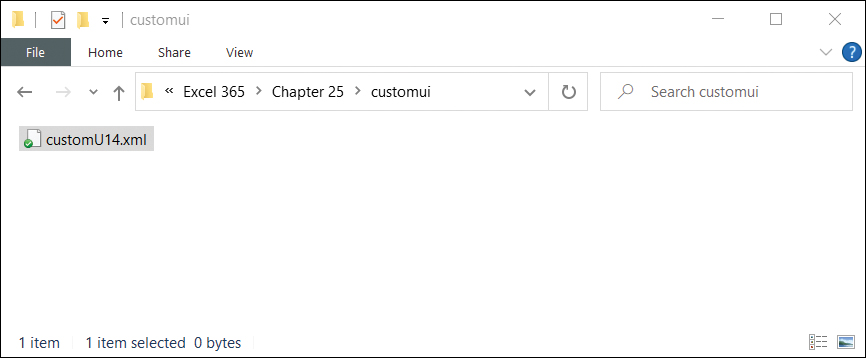 The figure shows a screenshot of the Windows File Explorer with the customUI14.xml file in the customui folder.