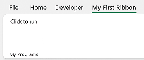 This figure shows the custom ribbon tab and button created by the XML code.