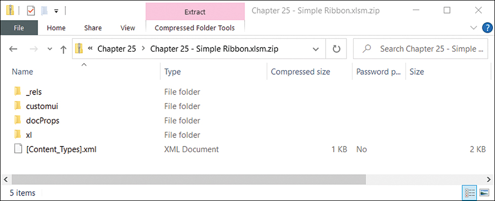 A screenshot of a workbook open in the Windows File Explorer. The customui folder can be seen with other folders in the workbook structure.
