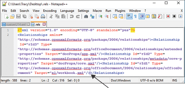 The figure shows the RELS file open in a text editor. An arrow is pointing at the location where the customUI relationship information should be placed, just to the left of the </Relationships> tag.