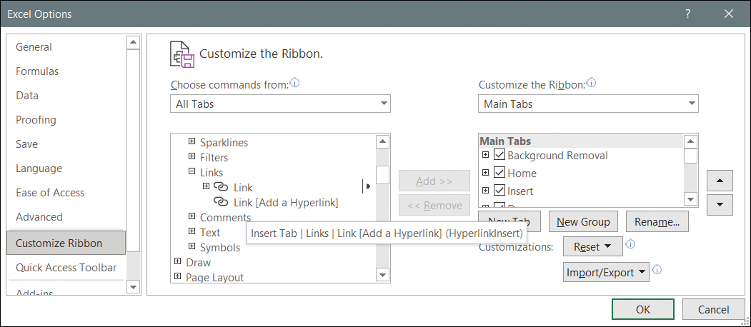 A screenshot of the Excel Options dialog box. The pointer is hovering over the Hyperlink command. The screentip for the command show the icon name, HyperlinkInsert, at the end of the tip.