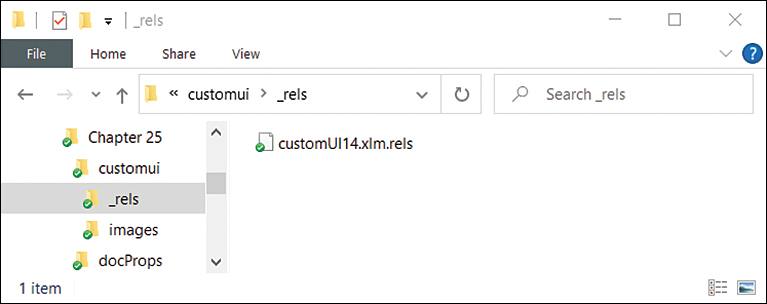 A screenshot of the Windows File Explorer showing the customUI14.xml.rels file within the rels folder of the customUI folder. The customui folder also includes an images folder.