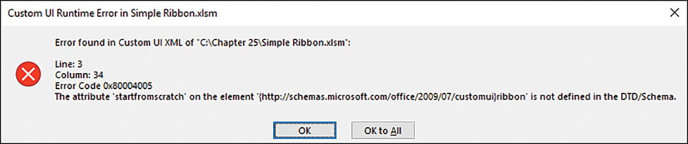 An error message providing details on an error generating the custom ribbon. The line, column, and error code are provided. The message also provides the name of the attribute, startfromscratch, Excel had a problem with.