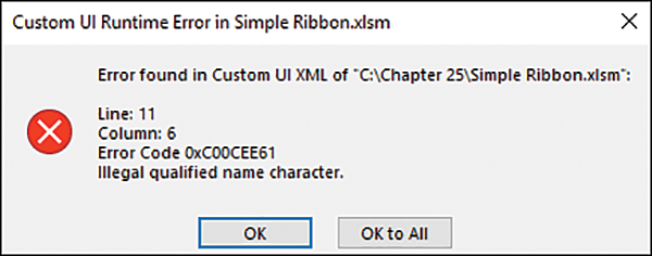 An error message providing details on an error generating the custom ribbon. The line, column, and error code are provided. The error text states there is a problem with the character found at the specified line and column location.