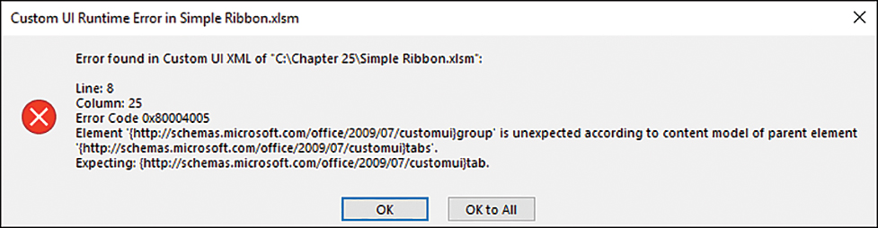 An error message providing details on an error generating the custom ribbon. The line, column, and error code are provided. The error text suggests there is a problem with the content model element, tabs.