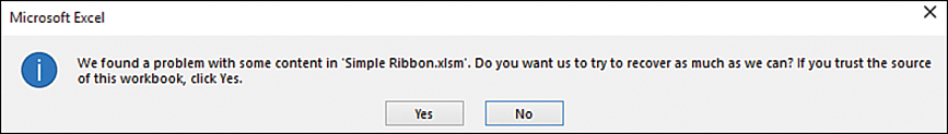 An error message stating there was a problem with the ribbon. Excel asks if you would like it to try and recover the workbook.