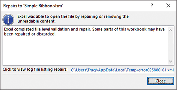 An error message providing information on the repairs Excel completed on the workbook.