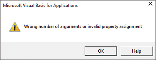 An error message stating there is a problem with the arguments of the macro attached to the ribbon control.
