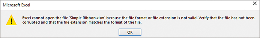 An error message stating the workbook cannot be opened due to an invalid file format or extension. The error, though, is actually in the ribbon XML code.