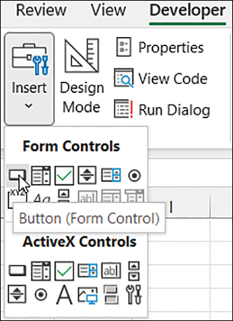 The figure shows the Insert Controls drop-down menu on the Developer tab. The drop-down menu is split into two sections: with the top section showing the Form Controls and the bottom section showing the ActiveX controls.