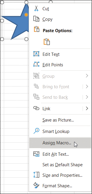 The figure shows a star shape and the corresponding pop-up window. Assign Macro is highlighted in the pop-up window.