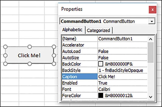 The figure shows an ActiveX button on a sheet and its corresponding Properties window.