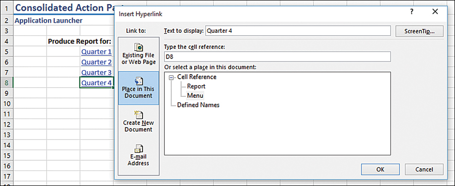 The figure shows a worksheet with cell D8 selected. The Insert Hyperlink dialog box is open with Place In This Document selected. The selected reference is to D8 and the selected place in the document is Menu.