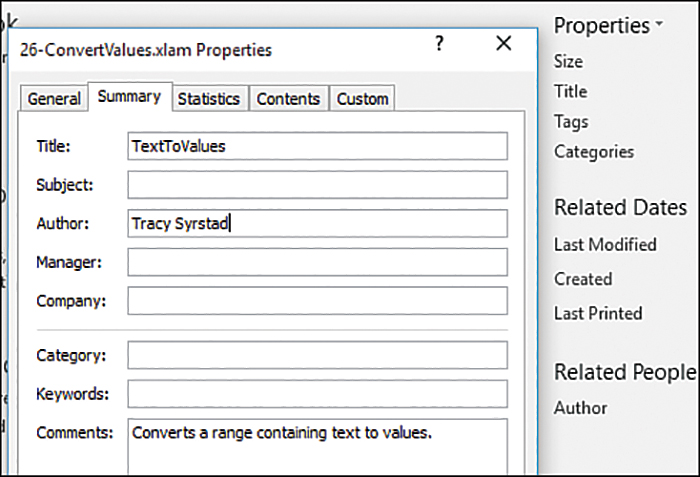 The figure shows the Properties dialog box on an add-in.