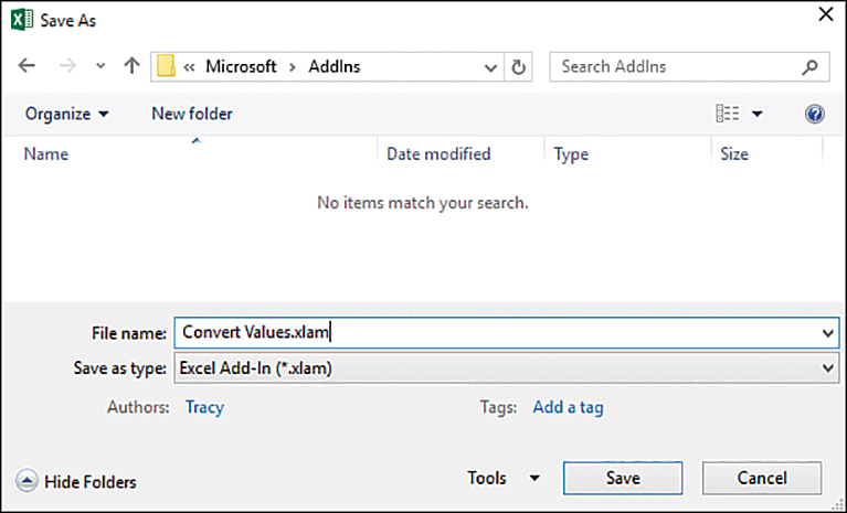 The figure shows the Save As dialog box. The Save As Type is set for add-ins. The file name is updated to have an .xlam extension and the save to folder is now the AddIns folder.