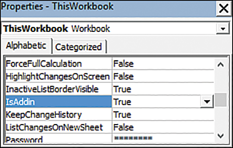 The figure shows the ThisWorkbook module's Properties window. The IsAddin property is highlighted, and its value is set to True.