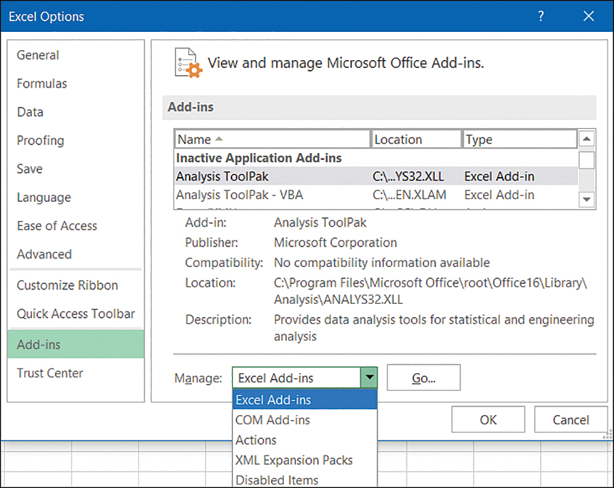 A screenshot of the Add-Ins options in the Excel Options dialog box. The Manage drop-down menu is open and the Excel Add-ins option is selected.