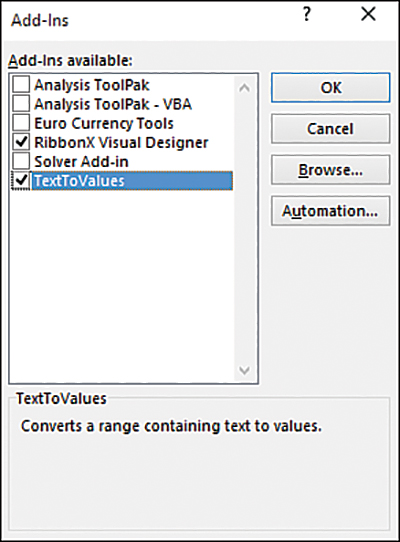 The figure shows the Add-Ins dialog box. The add-in, TextToValues, is selected. Information about the add-in is shown at the bottom of the dialog box.
