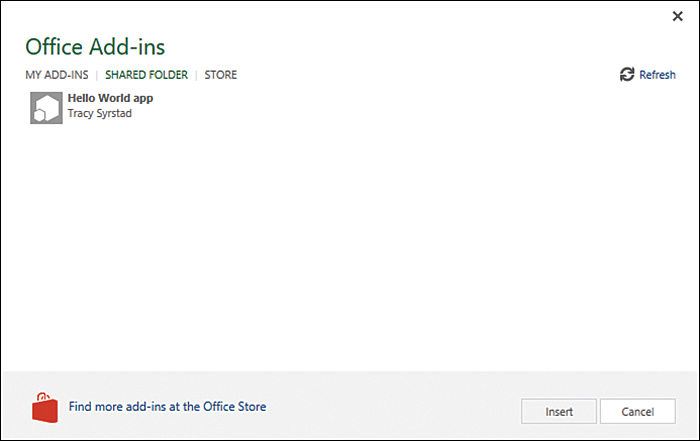 The figure shows the Office Add-Ins dialog box. The Hello World app is listed. On the right side of the dialog box is a Refresh link.