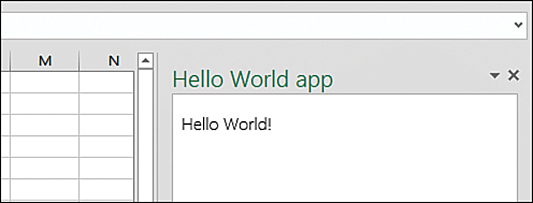 The figure shows a task pane displaying the results of the Hello World app.