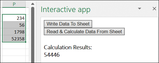 The figure shows the app's task pane. It consists of two buttons-Write Data To Sheet and Read & Calculate Data From Sheet. Below them is the label Calculation Results followed by the calculated result of the values selected on the sheet.