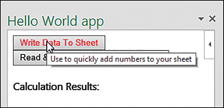 The figure shows the app's task pane. The mouse pointer is over the Write Data To Sheet button, and the tooltip is visible.