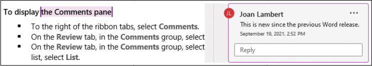 A paragraph of text followed by a list in a Word document. The paragraph anchors an active comment located in the right margin of the document.