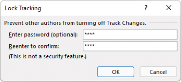 The Lock Tracking dialog with passwords entered in the Enter Password and Reenter To Confirm boxes. Asterisks obscure the passwords.