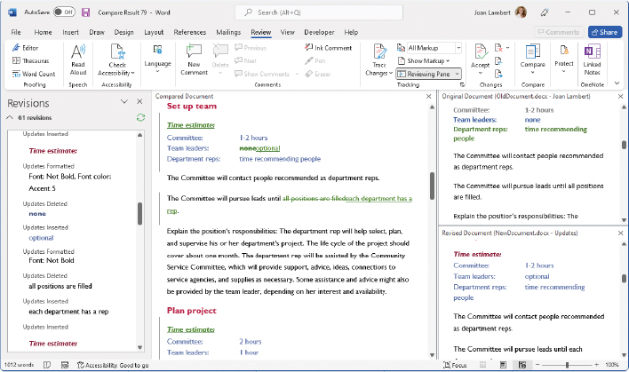 The Word window displaying three versions of the same document: on the right, a portion of the original document and a revised version are vertically aligned. To the left of these, in the center of the window, is a combined version of the two. The Revisions pane is open on the far left of the window.